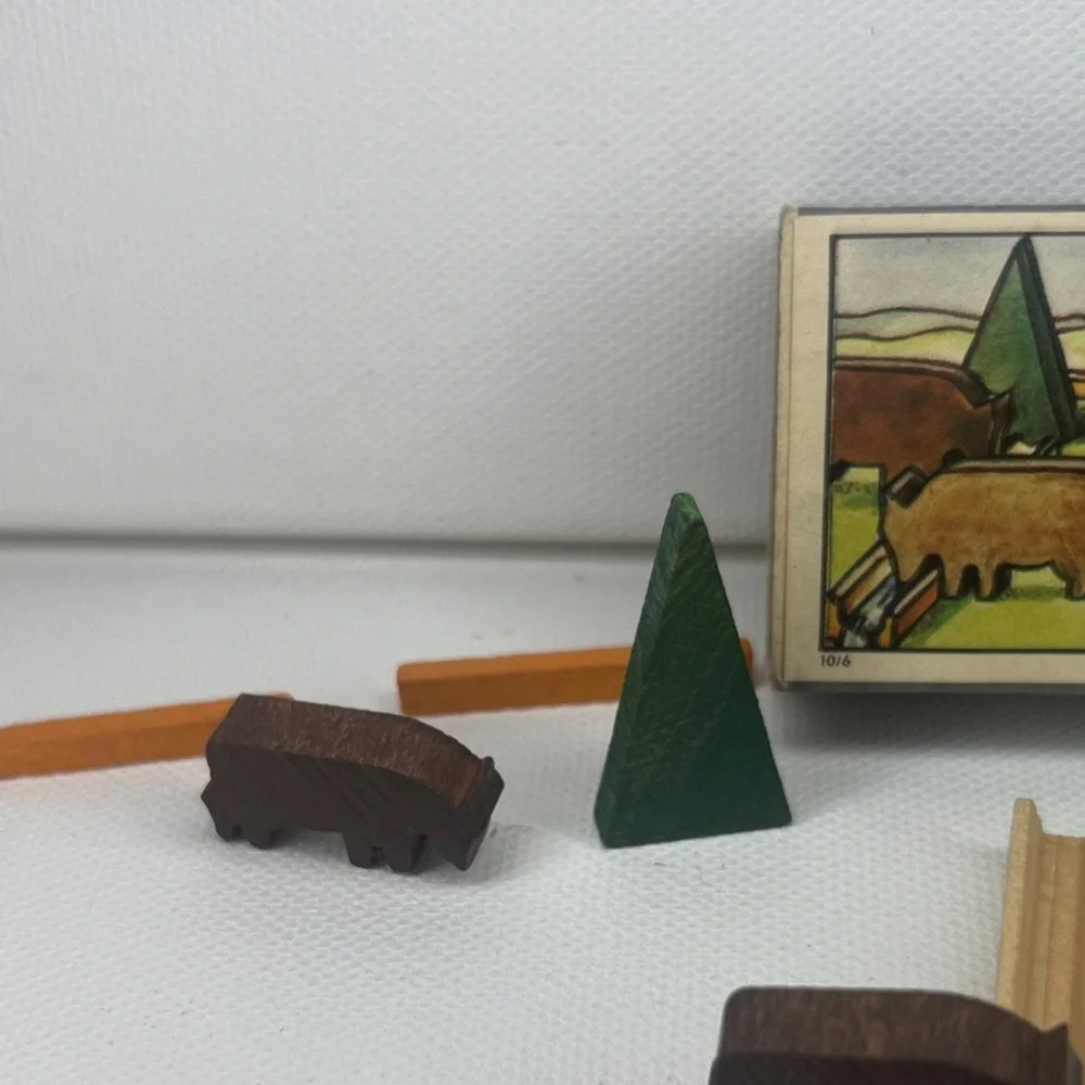 Vintage Wooden Buffalo Play Set w/ 4 Figures, Fence & Tree, Made Western Germany